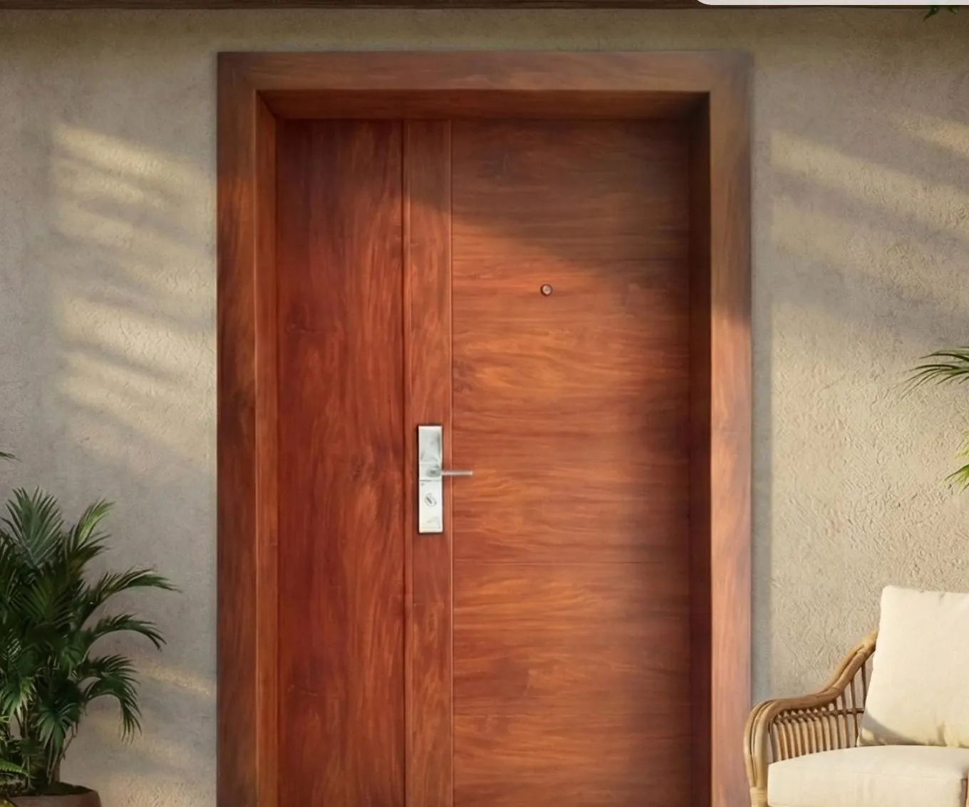 Teak-finish steel main door on a Kerala home