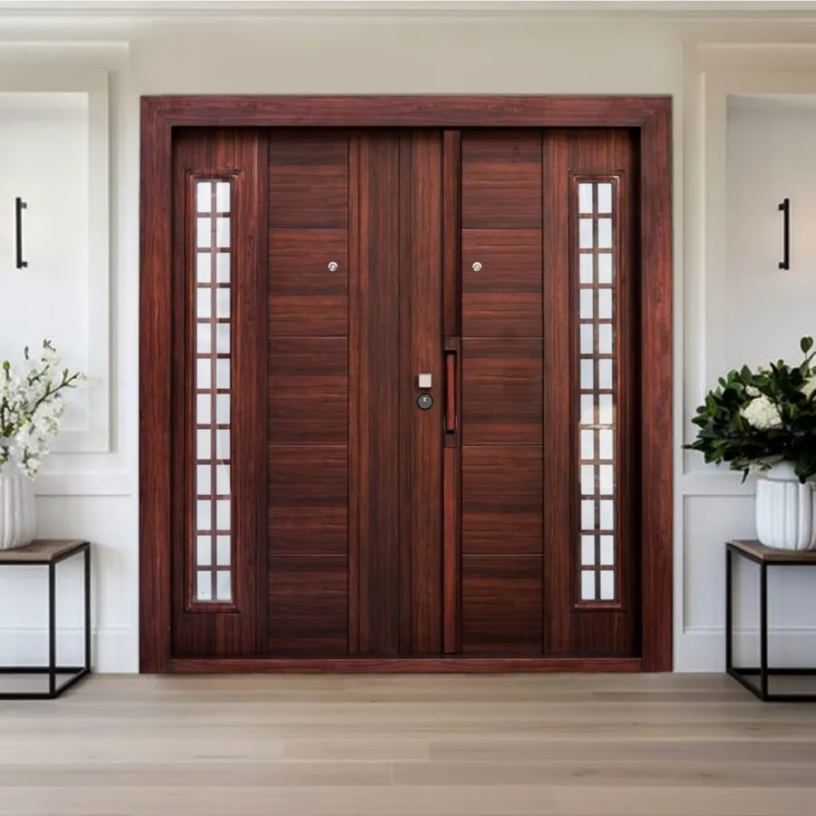 Mahogany double door with glass side panels